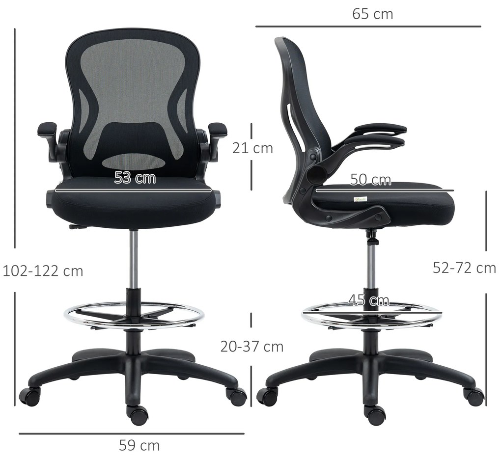 Scaun de birou reglabil în înălțime Vinsetto, cu suport pentru picioare, 59 cm x 65 cm x 122 cm, Negru | Aosom Romania
