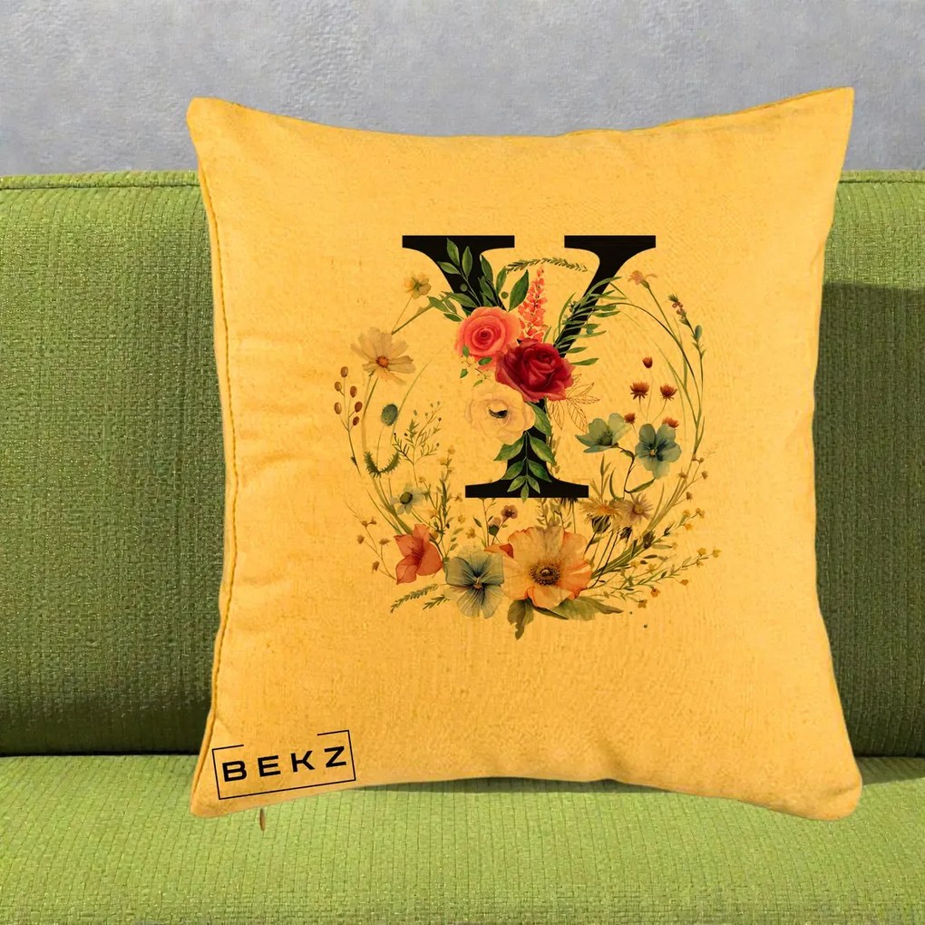 Cadou Personalizat - Perna Personalizata Monograma Florala Litera Y cu Coroana, 40x40 cm, Galben, Husa Detasabila, Perna Inclusa, BEKZ®