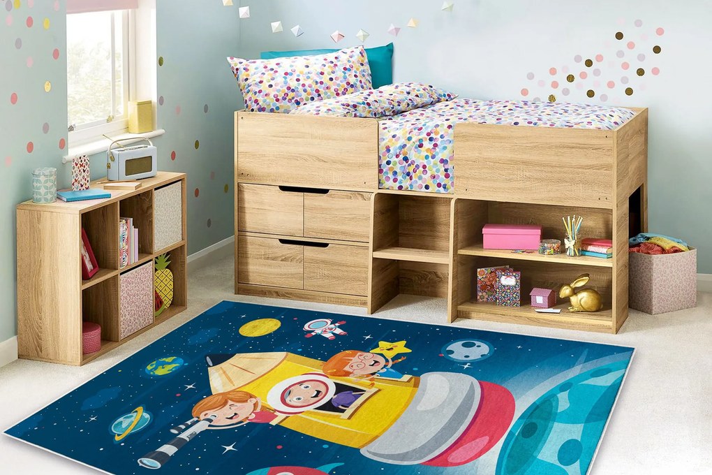 BAMBINO 42810 covor lavabil Rachetă, planete pentru copii anti-alunecare - albastru / maro