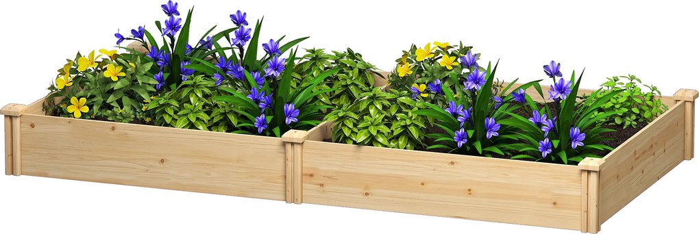 Outsunny Grădină Ridicată de Exterior cu Separator Central și Bază Deschisă, Jardinieră din Lemn de Brad, pentru Flori, Legume, Balcon sau Grădină, 235x121x26 cm, Culoare Lemn | Aosom Romania