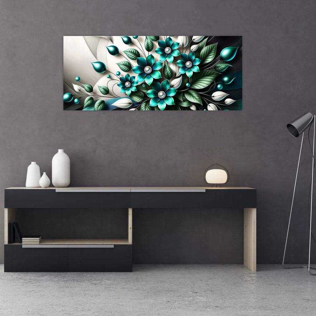 Tablou - Flori turcoaz 3D (120x50 cm)