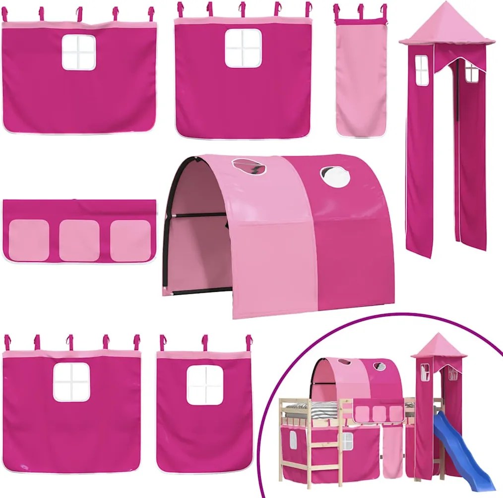 vidaXL Perdele pentru pat etajat cu tunel și turn, roz