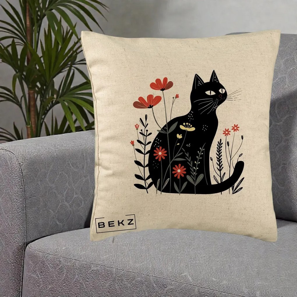 Perna Decorativa Pisica Neagra Flori Rosii Folk, 40x40 cm, Bej, Husa Detasabila, Perna Inclusa, BEKZ®