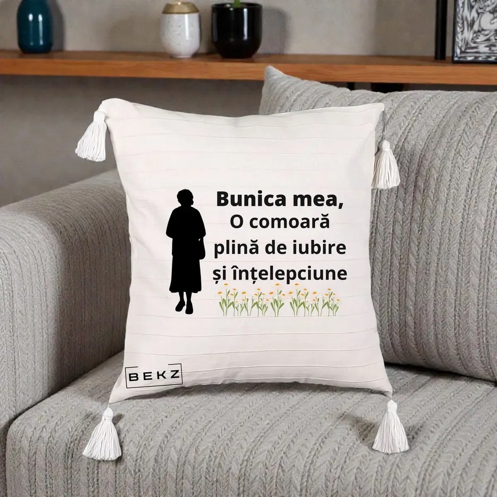 Cadou pentru Bunica - Perna Personalizata Bunica Mea Comoara Iubire Intelepciune Silueta cu Nepoata, 40x40 cm, Bej cu Franjuri, Husa Detasabila, Perna Inclusa, BEKZ®