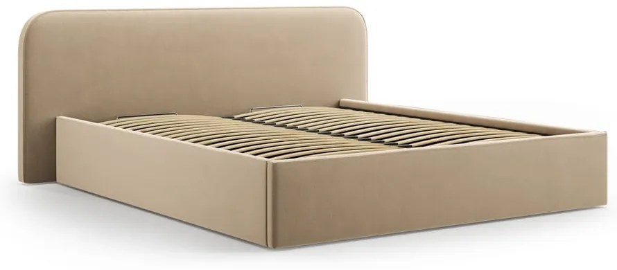 Pat matrimonial taupe tapițat cu spațiu de depozitare cu somieră 140x200 cm Elizabeth – Micadoni