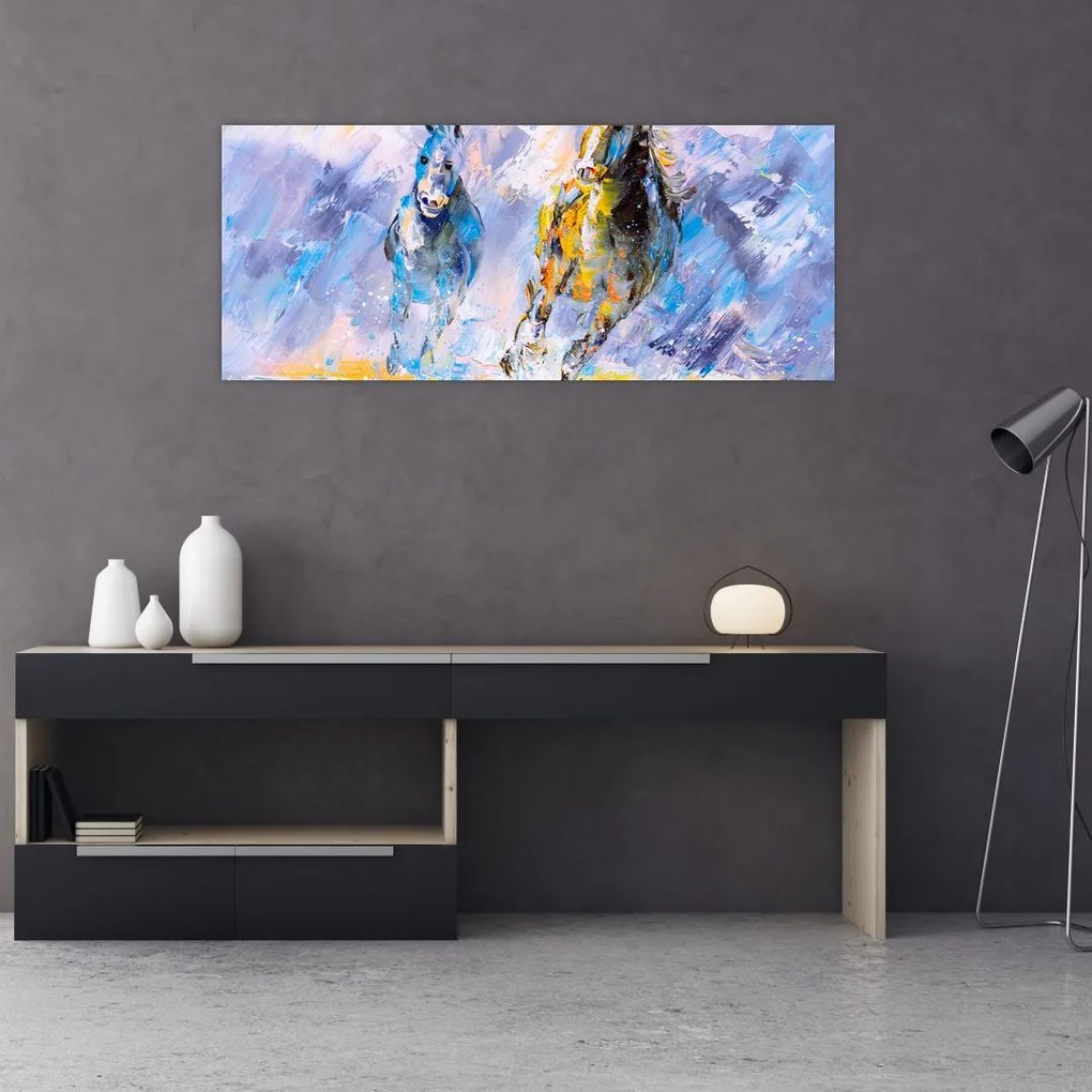 Tablou - Caii alergând, pictură în ulei (120x50 cm)