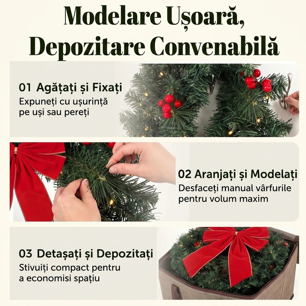 HOMCOM Coroniță de Crăciun de 60 cm cu Lumini LED, Conuri de Brad și Bobițe, Verde | Aosom Romania