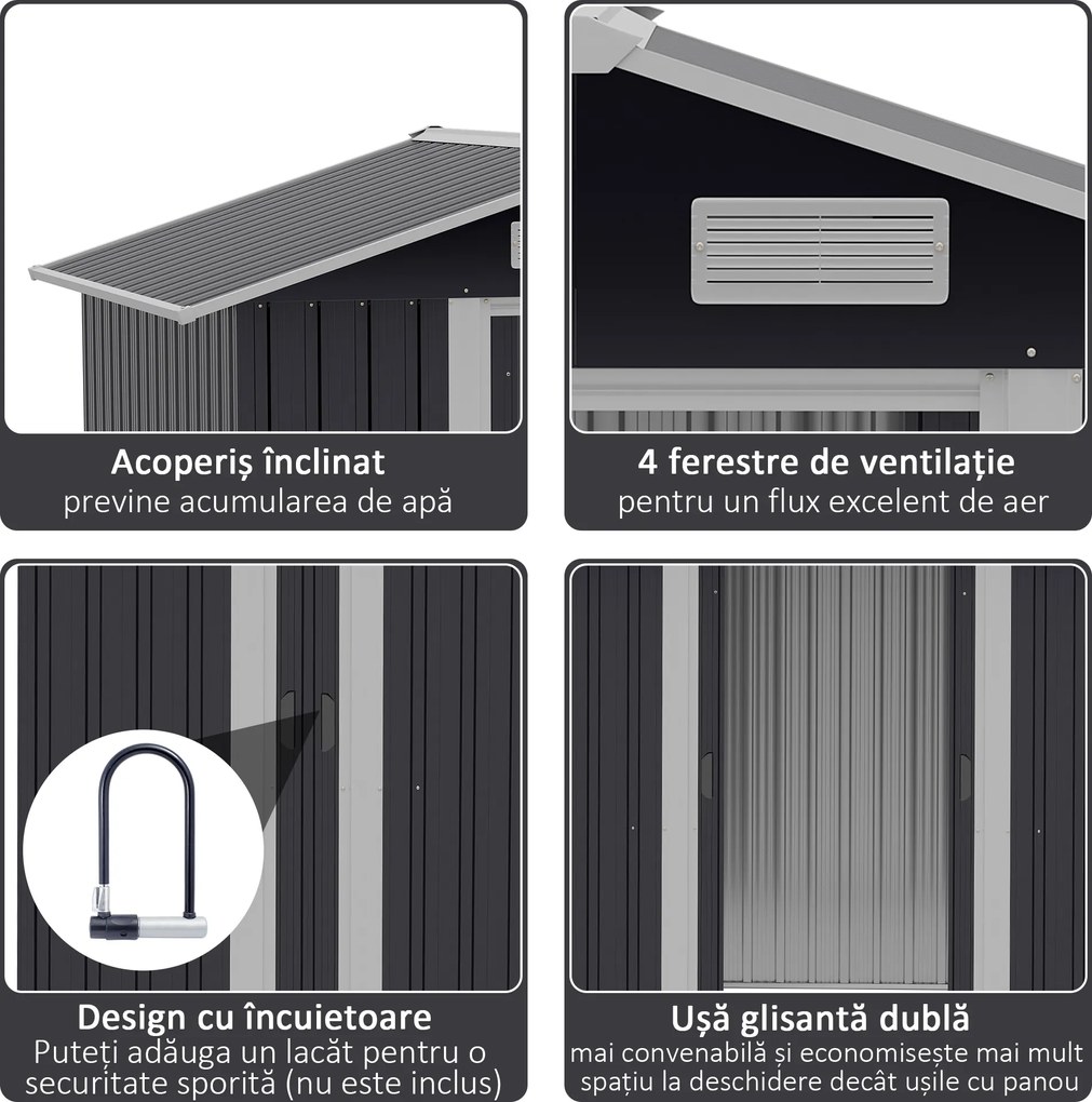Outsunny Magazia de Gradina, sopron pentru Scule, casuta de unelte din Otel Zincat cu Usa Culisanta Dubla, Negru | Aosom Romania