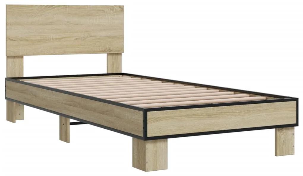 845808 vidaXL Cadru de pat, stejar sonoma, 90x200 cm, lemn prelucrat și metal
