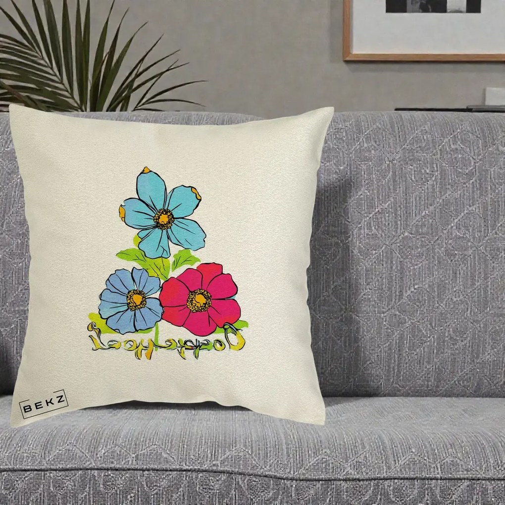 Perna Decorativa Trei Flori Grafice Pop Art, 40x40 cm, Ecru, Husa Detasabila, Perna Inclusa, BEKZ®