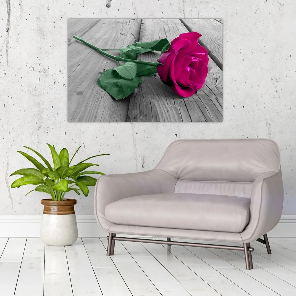 Tablou - Trandafir roz cu tulpina verde (90x60 cm)