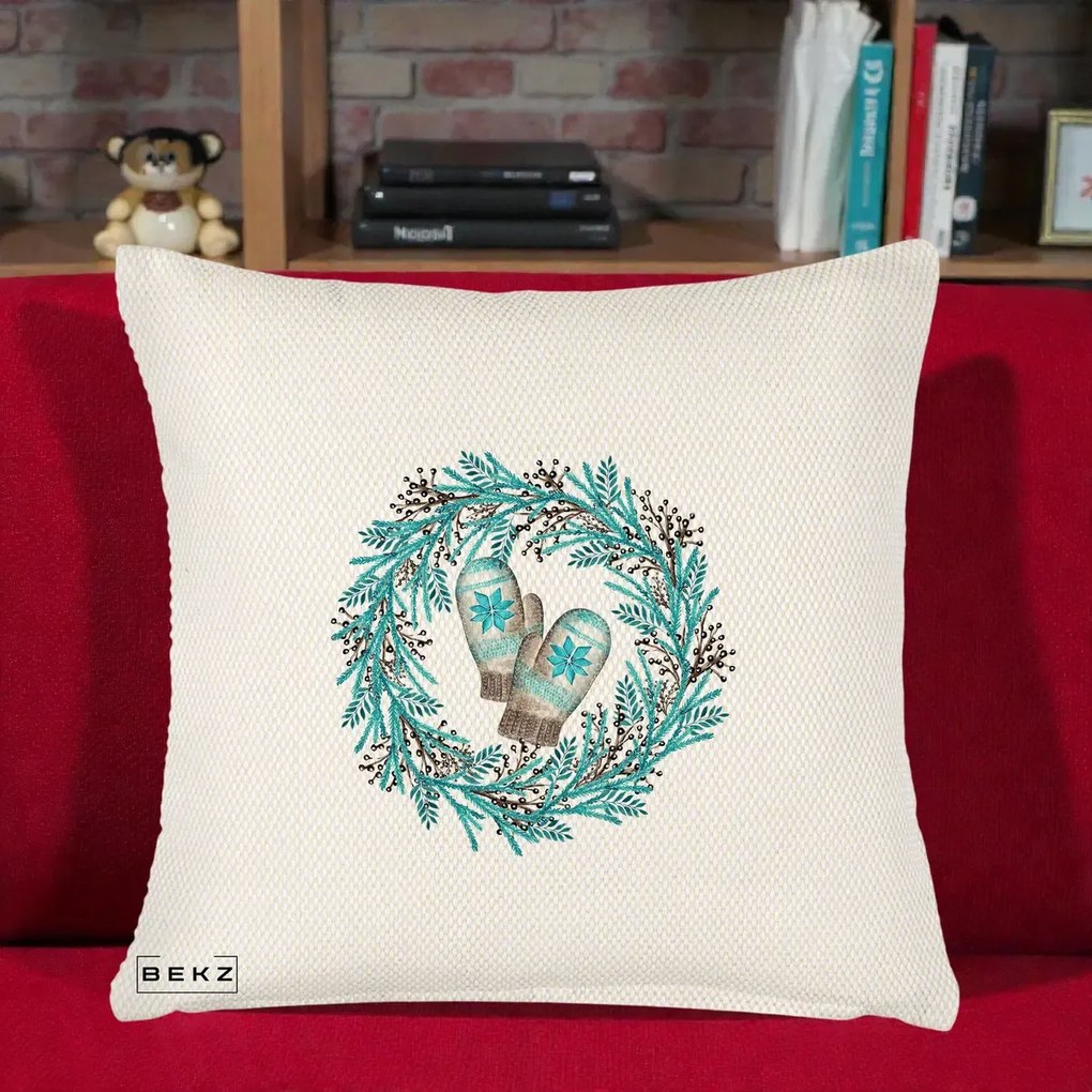 Perna Decorativa Coroana Turcoaz cu Manusi, 40x40 cm, Crem Reliefat, Husa Detasabila, Perna Inclusa, BEKZ®