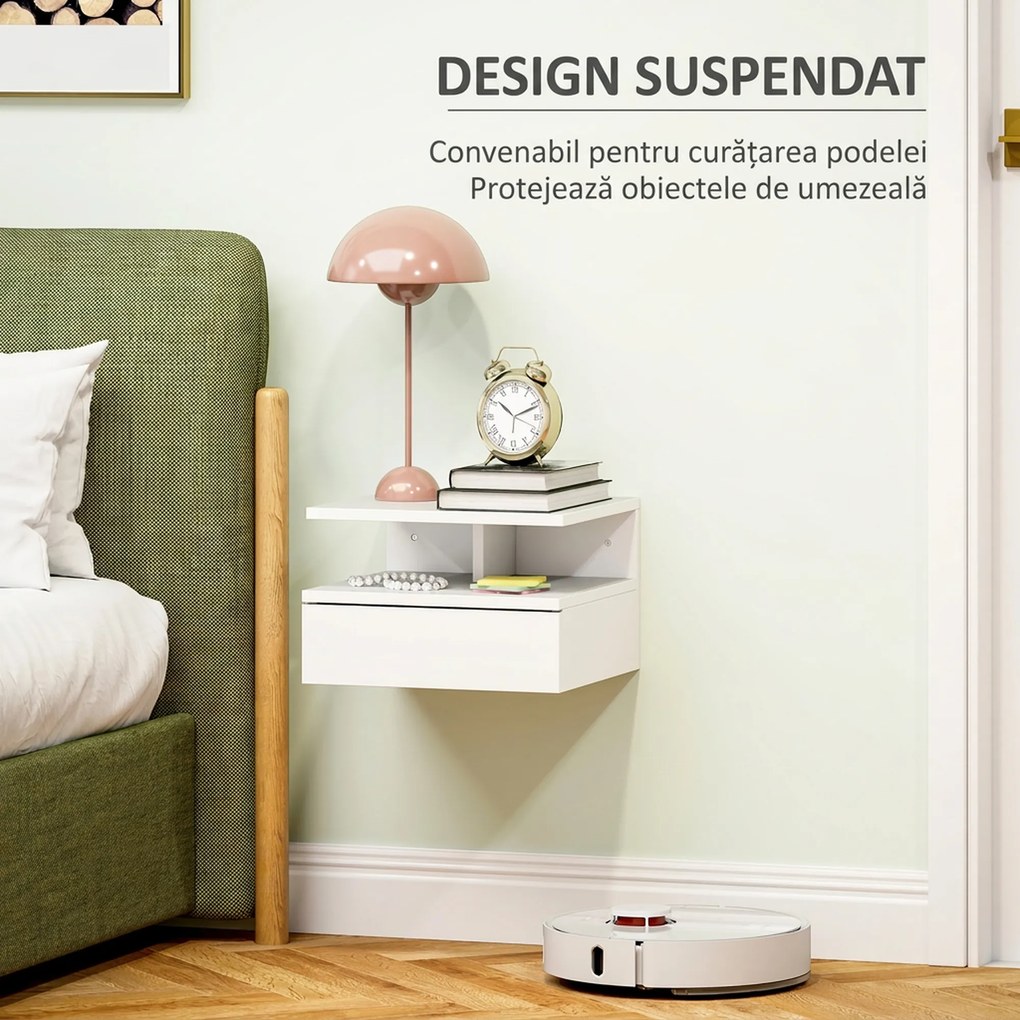HOMCOM Noptieră Suspendată cu Sertar și Raft Superior din Lemn, 35x32x22,5 cm, Alb | Aosom Romania