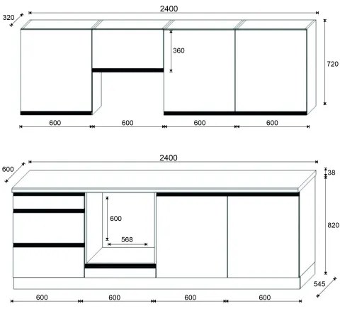 Set de bucătărie MARINA 240 cm, stejar craft / negru lucios