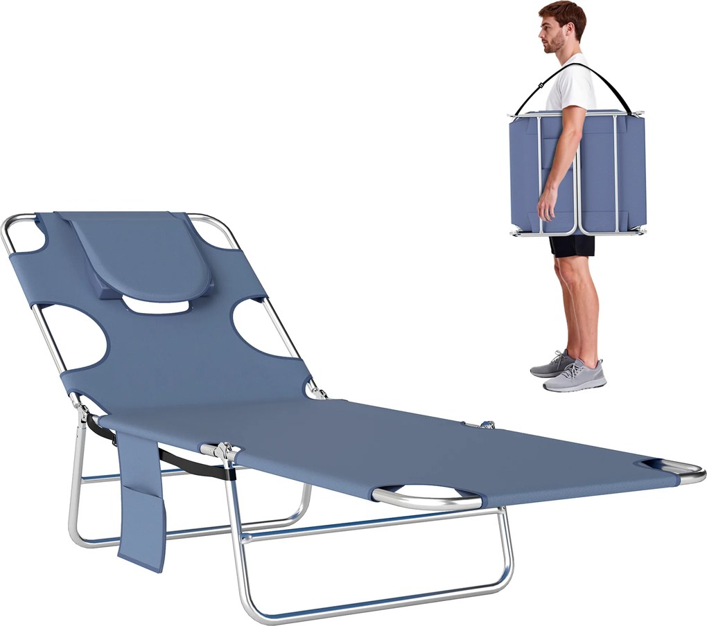 Outsunny Șezlong de grădină, șezlong cu deschidere căptușită pentru față, șezlong de masaj pentru exterior, buzunar lateral, material textil, metal, Gri | Aosom Romania