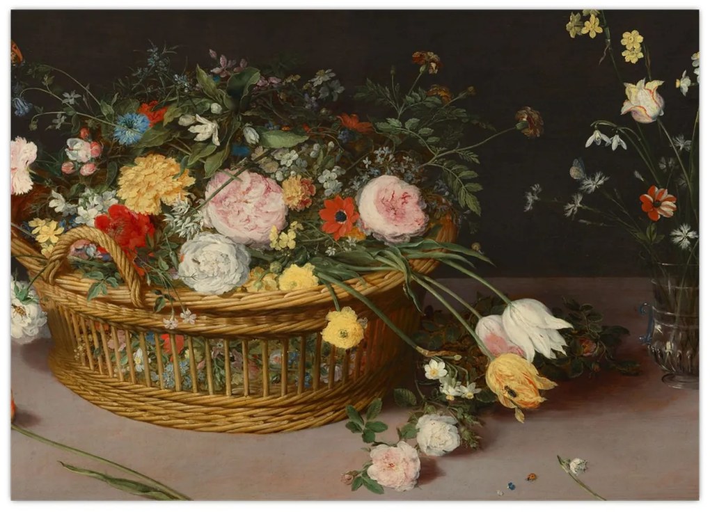 Tablou pe sticlă - Jan Brueghel the Elder, Flowers in a Basket and a Vase, reproducere (70x50 cm)