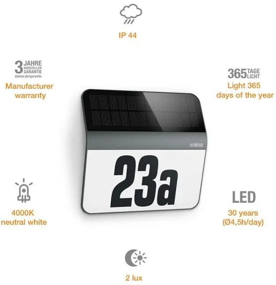 Număr de casă LED solar STEINEL 035730 XSolar LH-N LED/0,03W IP44