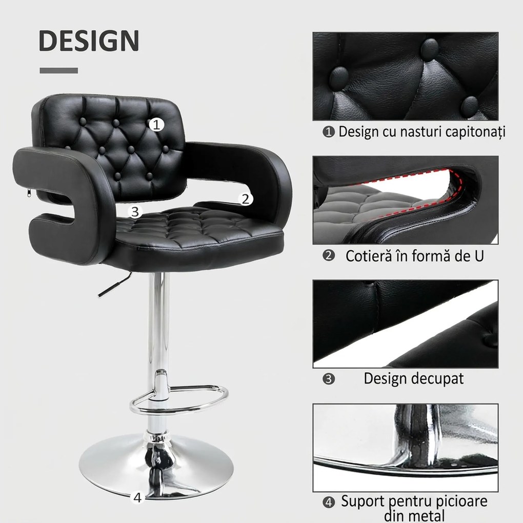 HOMCOM Scaun de Bar cu Spătar și Brațe, Scaun Modern de Bucătărie Rotativ cu Înălțime Reglabilă, 61x50x94-114 cm, Negru | Aosom Romania