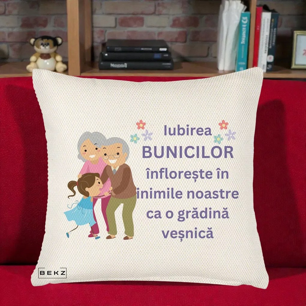 Cadou pentru Bunici - Perna Personalizata Bunicii Iubirea Infloreste Bunici cu Nepoata Colorat, 40x40 cm, Crem Reliefat, Husa Detasabila, Perna Inclusa, BEKZ®