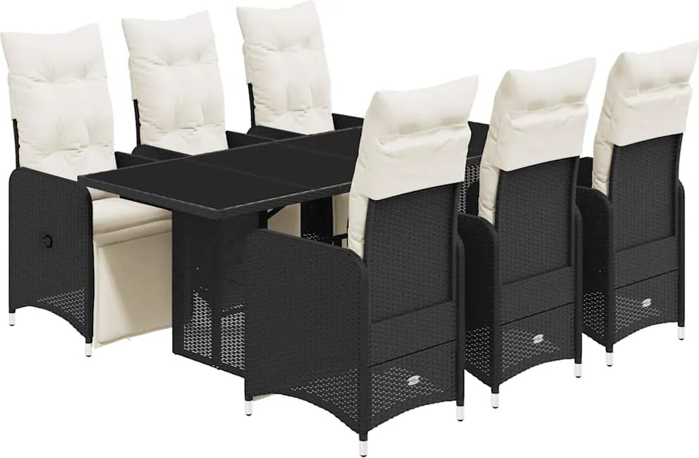 vidaXL Set bistro de grădină, 7 piese, cu perne, negru, poliratan