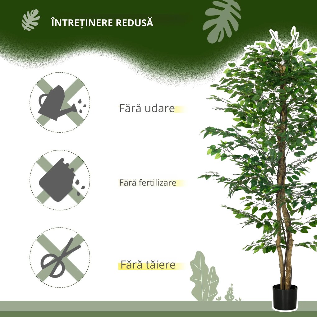 HOMCOM Plantă Artificială de Ficus cu 1260 Frunze, Plantă Artificială cu Ghiveci Inclus, Ø17,5x14,5 cm, Verde | Aosom Romania