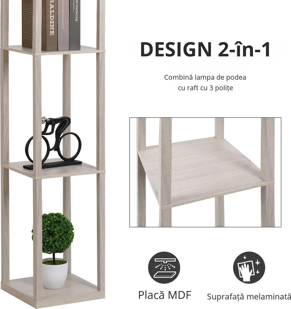 HOMCOM Lampă de podea cu rafturi integrate, Suport E27, 40W, Design Modern din MDF, 26x26x160cm, Stejar | Aosom Romania