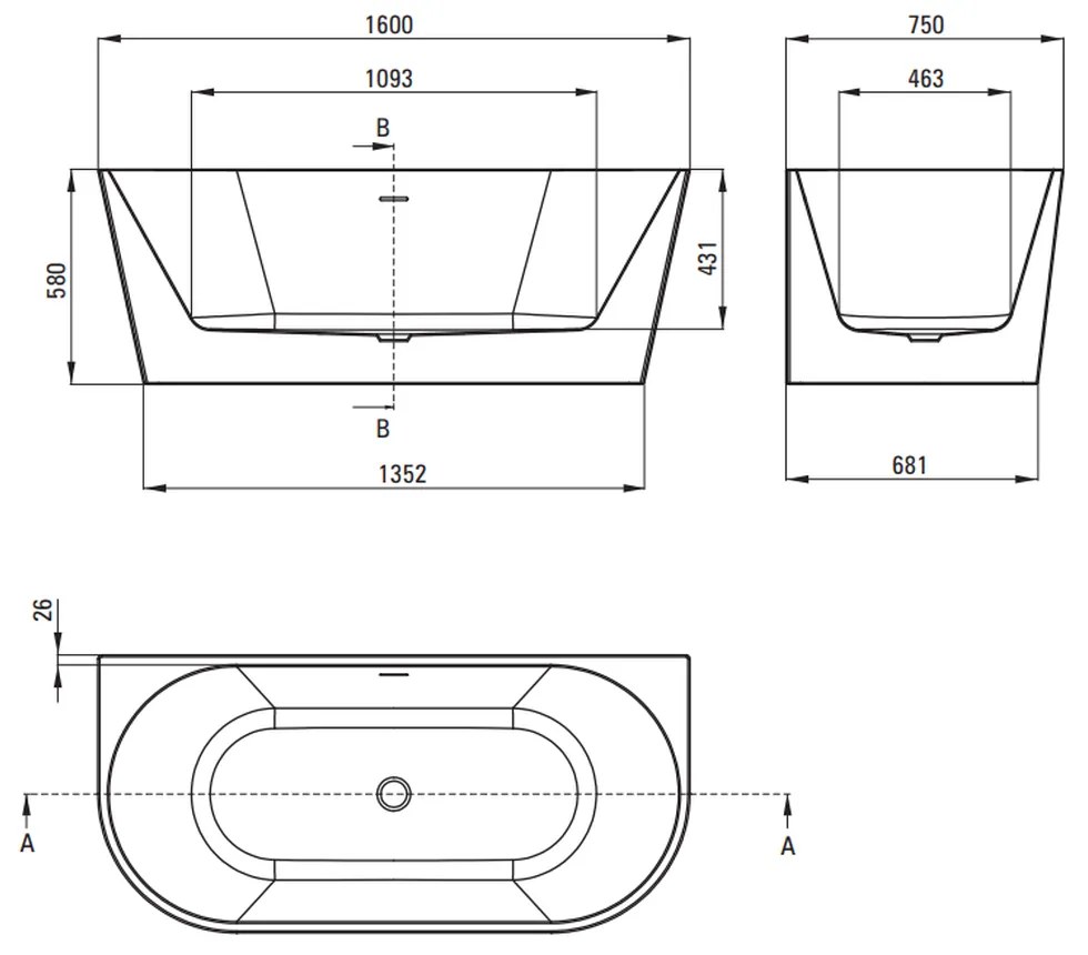 Cada baie freestanding Deante Silia, 160 x 75 cm, lipita de perete, alb lucios 1600x750 mm