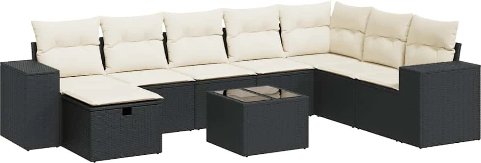 vidaXL Set mobilier de grădină cu perne, 9 piese, negru, poliratan