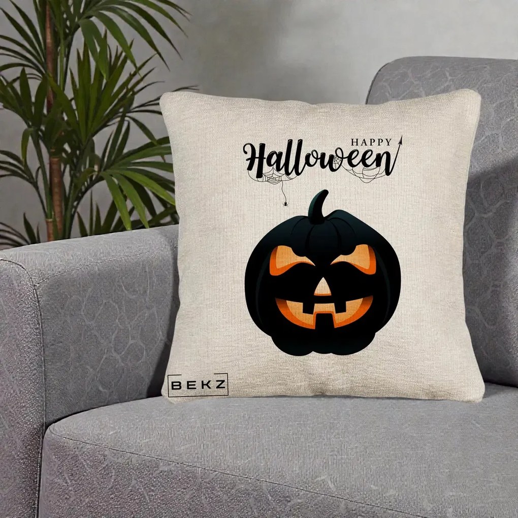 Perna Decorativa Happy Halloween Dovleac Negru cu Paianjen, 40x40 cm, Bej Canapea, Husa Detasabila, Perna Inclusa, BEKZ®