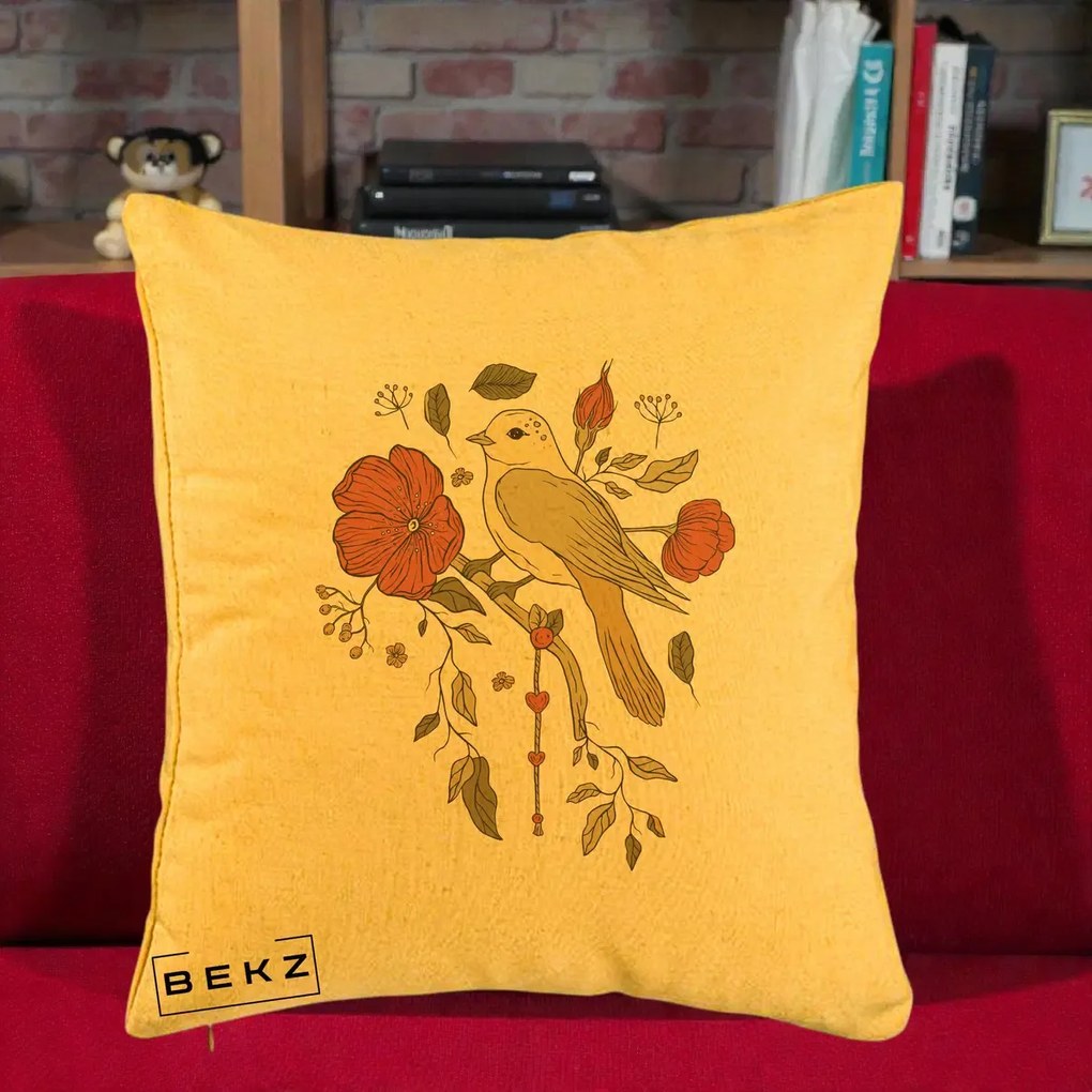 Perna Decorativa Pasare pe Ramura cu Maci, 40x40 cm, Galben, Husa Detasabila, Perna Inclusa, BEKZ®
