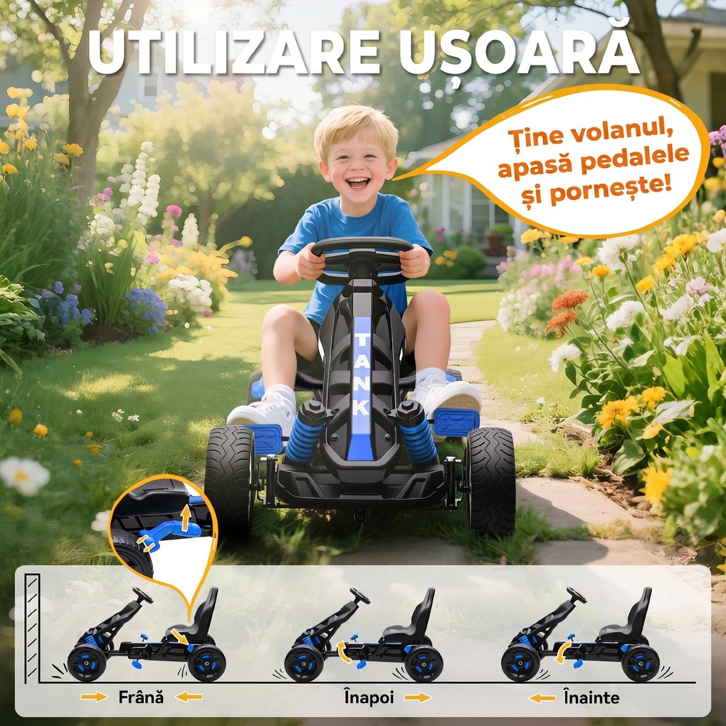 AIYAPLAY Kart cu pedale pentru copii 3-6 ani, max. 50 kg, cu suport pentru pahar și roți EVA antiderapante, albastru | Aosom Romania