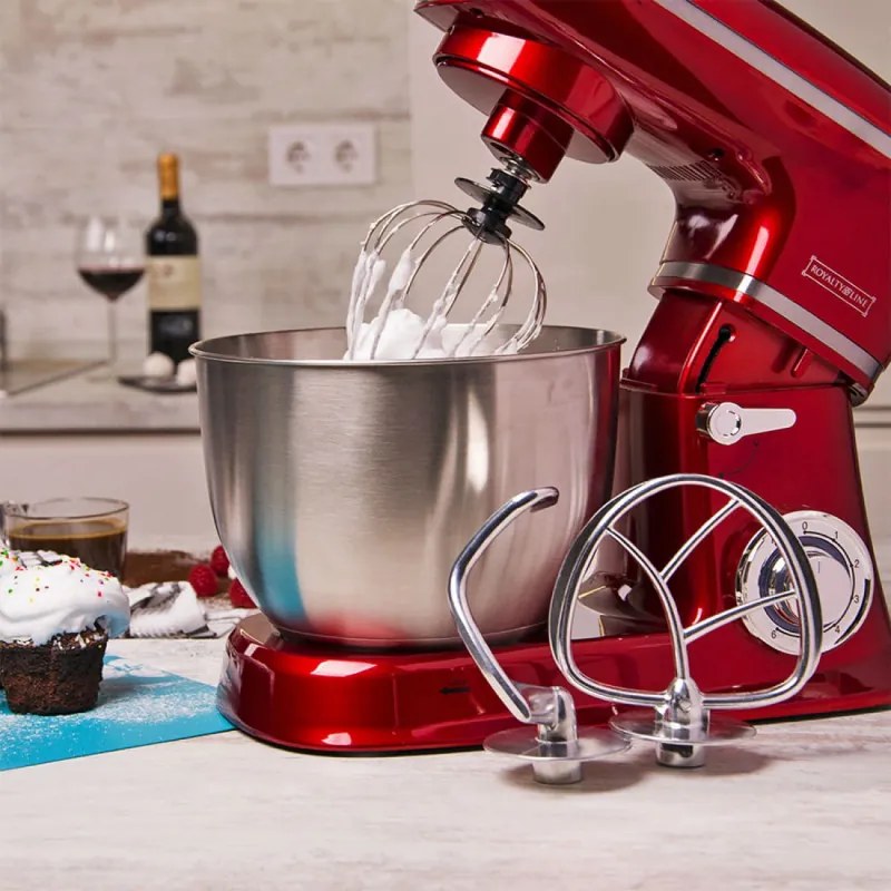 Second hand: Mixer planetar Royalty Line RL-PKM1900.7, 1900W, Cupa inox 6.5 L, 6 viteze + Pulse, Accesorii, Rosu