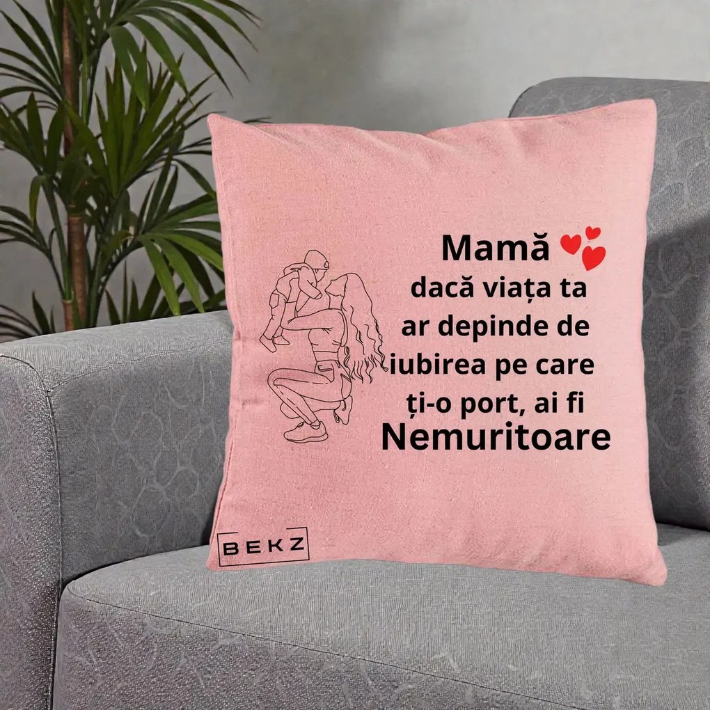 Cadou pentru Mama - Perna Personalizata Mama Nemuritoare Portret Graphic, 40x40 cm, Roz, Husa Detasabila, Perna Inclusa, BEKZ®
