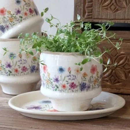 Ghiveci din ceramică cu flori de câmp, crem, H10,5/D12 cm, „Fleurville”