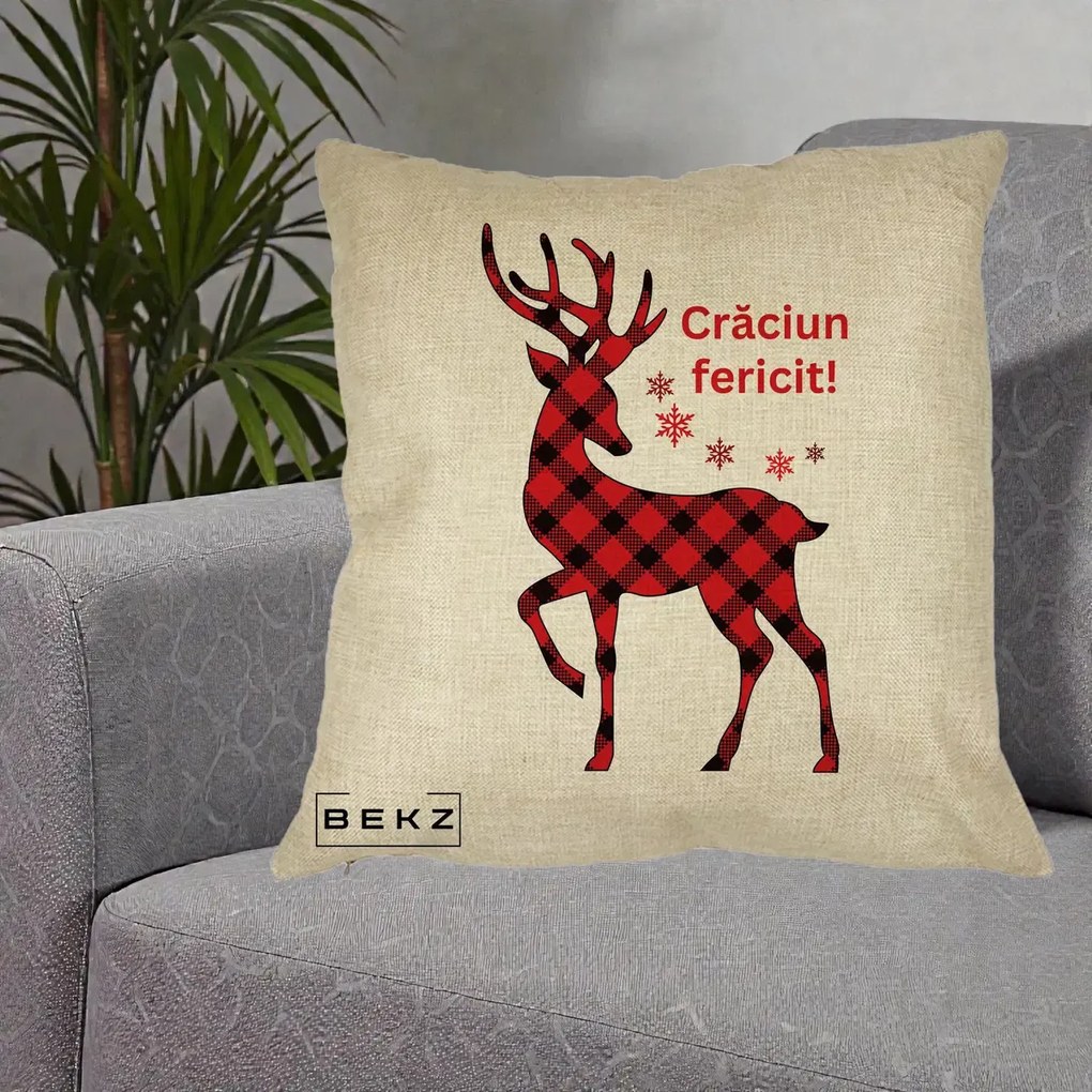 Perna Decorativa Ren Tartan Craciun Fericit, 40x40 cm, Crem, Husa Detasabila, Perna Inclusa, BEKZ®