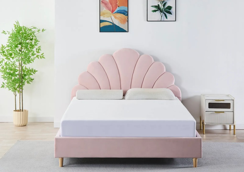 Pat Tapitat Catifea Roz 140x200 cm cu Somiera si Saltea Inclusa ,   Cod LB-50   Design Elegant si Confort Maxim