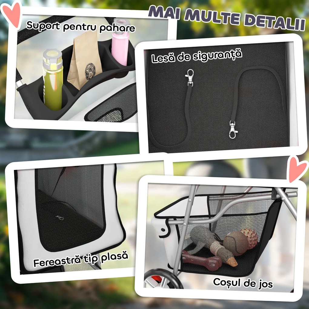 PawHut Cărucior pentru Câini Pliabil cu Husă de Ploaie, Roți Rotative și Pernuță Lavabilă, 77x44x102cm, Gri | Aosom Romania