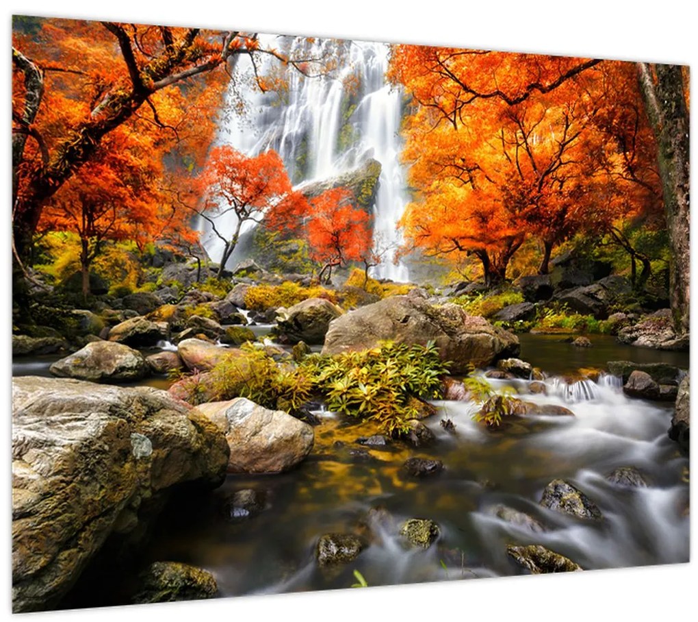 Tablou pe sticlă - Cascade în peisaj de toamnă, portocaliu (70x50 cm)