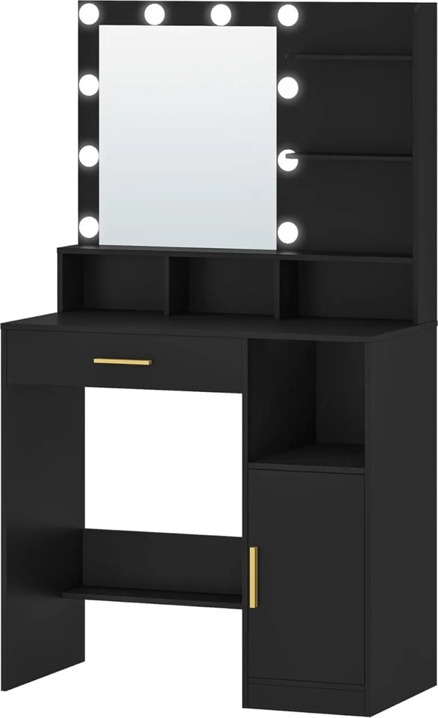 SEG19 - Set Masa toaleta 80 cm, cosmetica, machiaj, oglinda cu LED, masuta vanity, make-up - Gri / Alb / Negru
