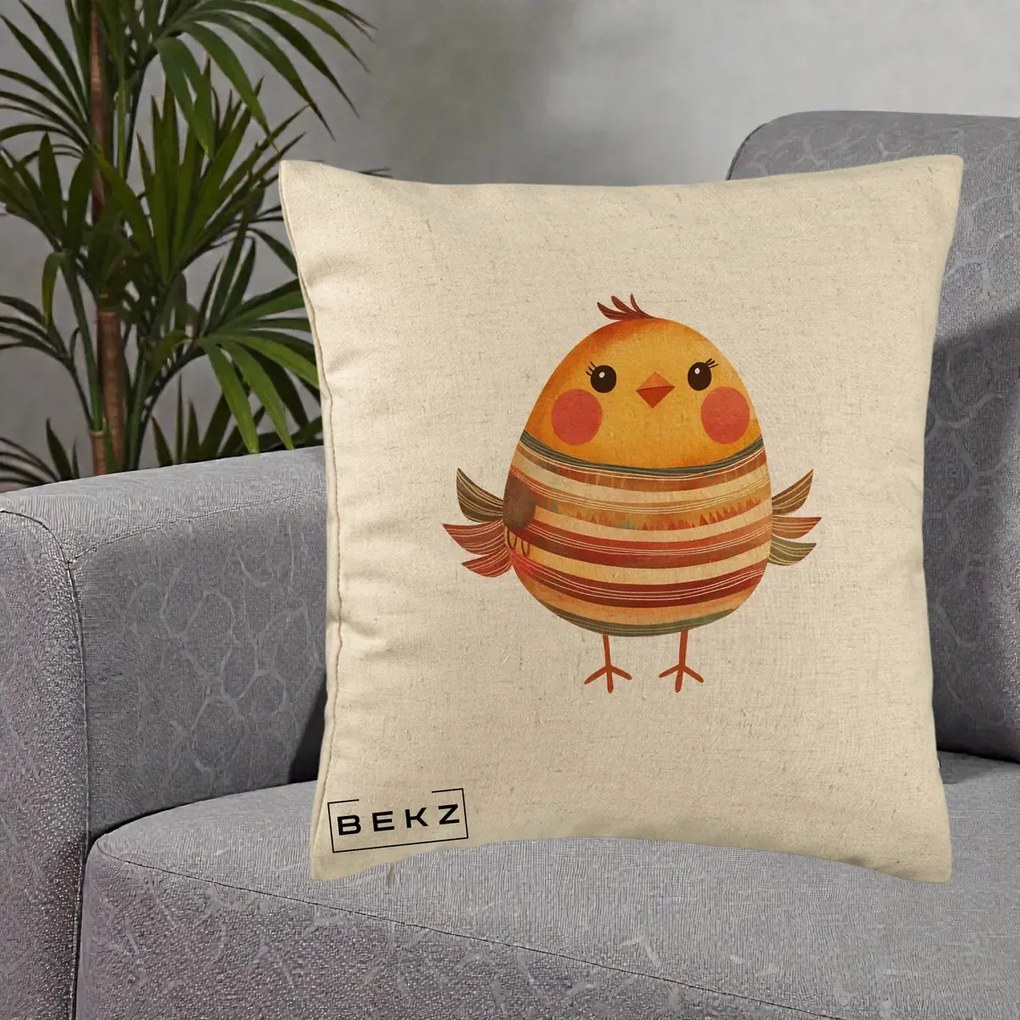 Perna Decorativa Pui Kawaii Portocaliu Dungi Calde, 40x40 cm, Bej, Husa Detasabila, Perna Inclusa, BEKZ®