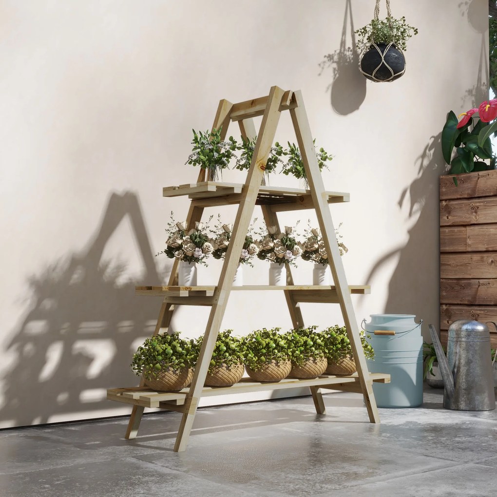 Outsunny Suport pentru Plante Pliabil din Lemn Raft pentru Ghivece cu 3 Nivele cu Cadru în A 100x36x112 cm Natural | Aosom Romania
