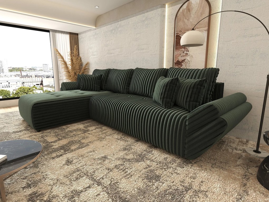 Colțar extensibil dumonde cu ladă de depozitare si sezut confortabil din spuma high-density, Berlin XL Ambience Green 350x185 cm