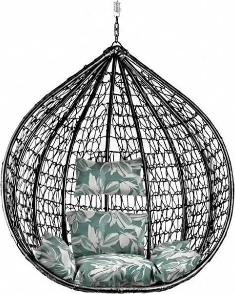 Fotoliu suspendat negru KOKON fara suport, pernă verde-albă