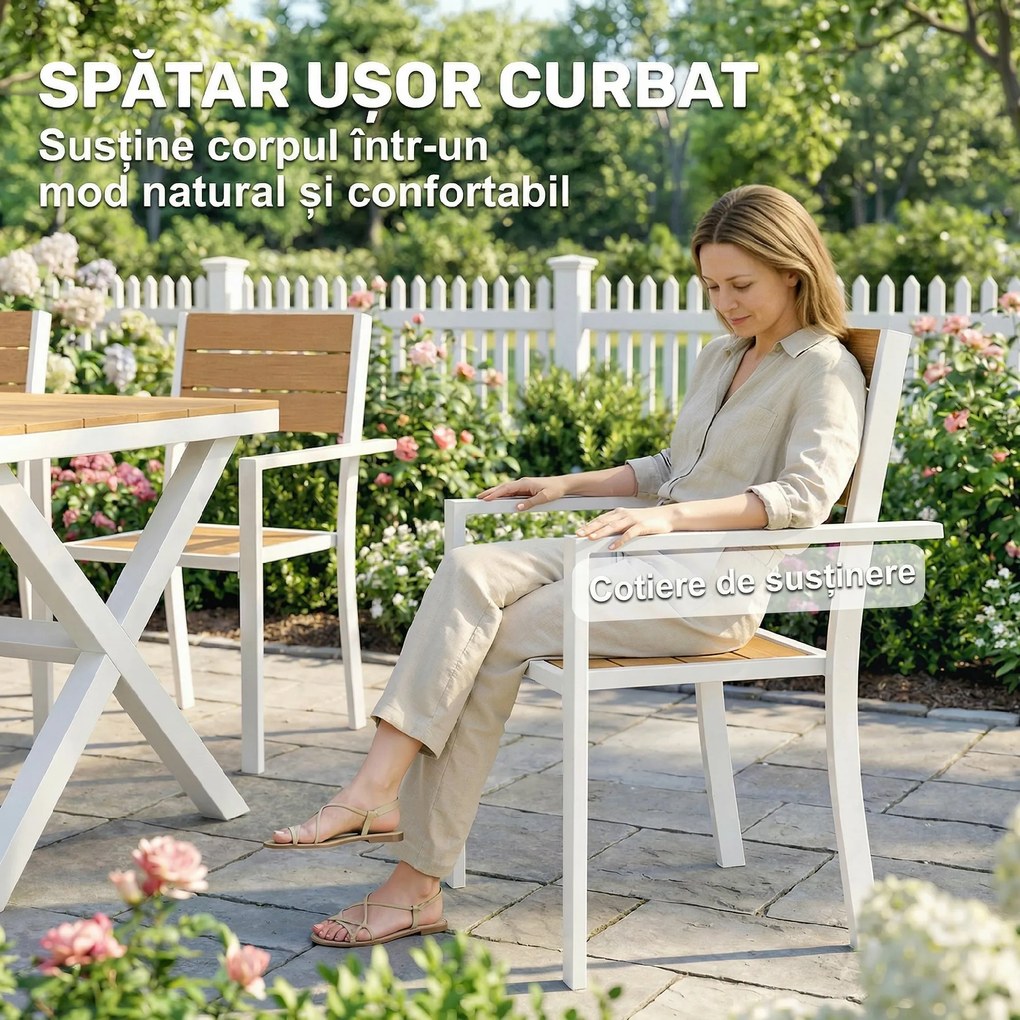 Outsunny Set Masă și Scaune de Grădină 7 Piese, Set Prânz Exterior din Aluminiu cu 6 Scaune Stivuibile, Masă cu Șipci Imitatie Lemn, pentru Terasă, Balcon, Patio, Teak | Aosom Romania