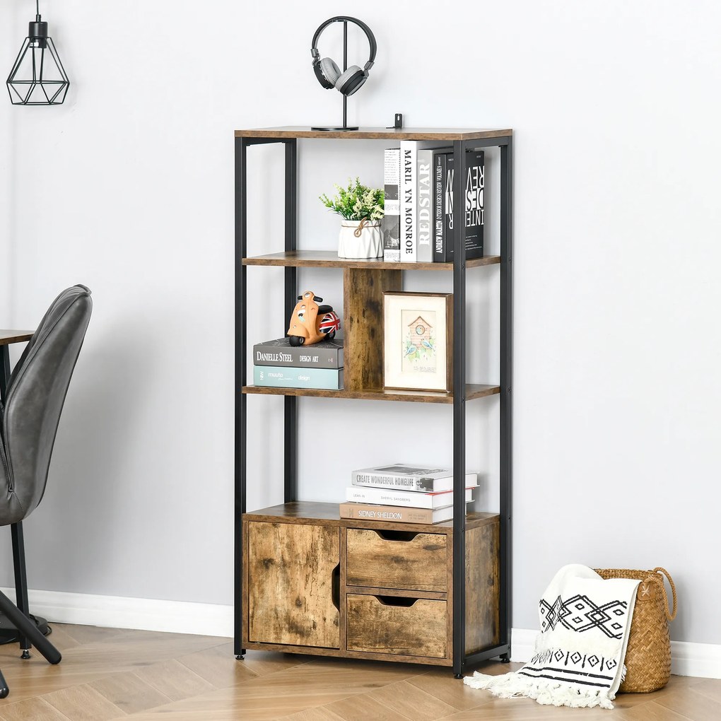 HOMCOM Biblioteca cu 3 Rafturi, Dulap si 2 Sertare, Biblioteca Stil Industrial din PAL si Metal, 58x24x122 cm, Negru si Lemn natur | Aosom Romania