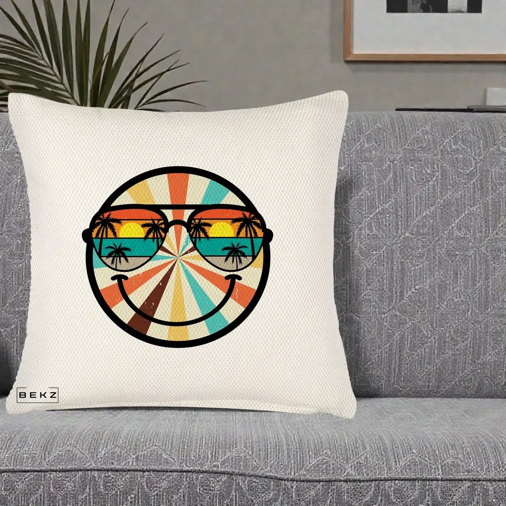 Perna Decorativa Smiley Face Retro Sunset Palmieri, 40x40 cm, Crem Reliefat, Husa Detasabila, Perna Inclusa, BEKZ®