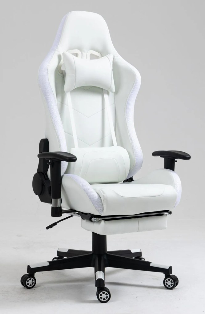 Scaun gaming cu sistem iluminare bandă LED RGB, masaj în perna lombară, suport picioare, funcție șezlong, 90-180 grade, piele PU Premium, Alb