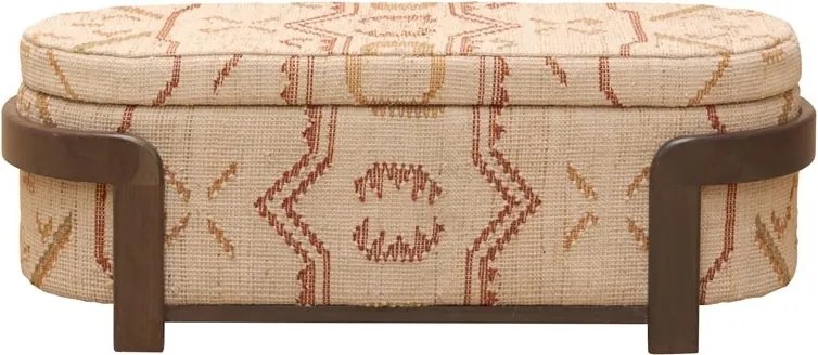 Banchetă tip cufăr din kilim de lână natur și bordo și lemn de acacia maro închis, cu spațiu de depozitare, finisaj mat, 47,5 x 132 cm, „Sienna”