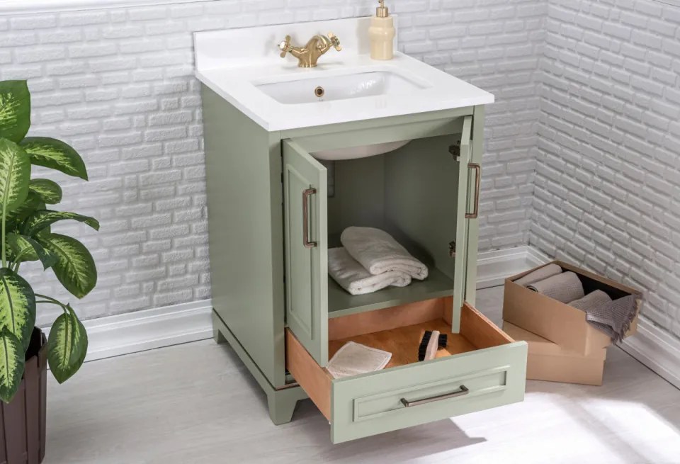 Set Mobilier Baie Ontario 24, Include Dulap Baza cu Lavoar și Oglinda, 60 cm, Verde Fistic