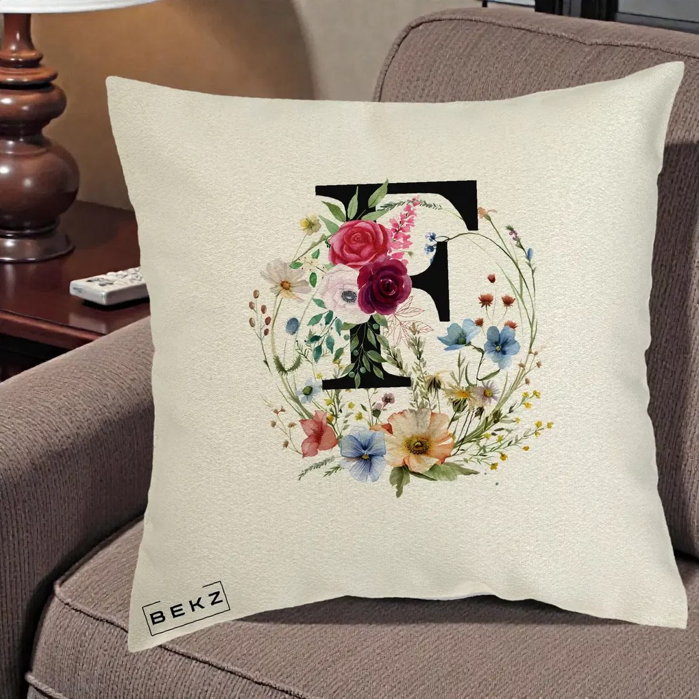 Cadou Personalizat - Perna Personalizata Monogram Litera F cu Flori Acuarela, 40x40 cm, Ecru, Husa Detasabila, Perna Inclusa, BEKZ®